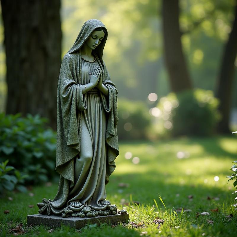 Tượng Đức Mẹ Sầu Bi đặt trong khu vườn xanh mát, ánh sáng chiếu nhẹ qua tán cây, có rêu phong